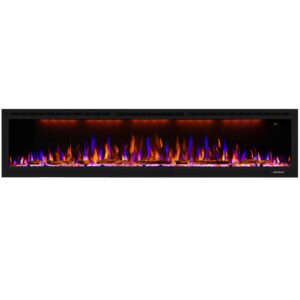 dreamflame electric fireplace 74 inch, recessed wall mounted fireplace heater, logs & crystal, multicolor flame combinations, overheating protection, black (74")