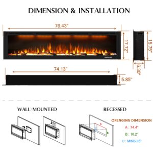 Dreamflame Electric Fireplace 74 inch, Recessed Wall Mounted Fireplace Heater, Logs & Crystal, Multicolor Flame Combinations, Overheating Protection, Black (74")