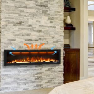 Dreamflame Electric Fireplace 74 inch, Recessed Wall Mounted Fireplace Heater, Logs & Crystal, Multicolor Flame Combinations, Overheating Protection, Black (74")