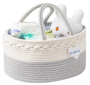 greatale baby diaper caddy organizer - portable rope nursery storage bin for changing table & car - diaper storage basket with removable divider (light grey)