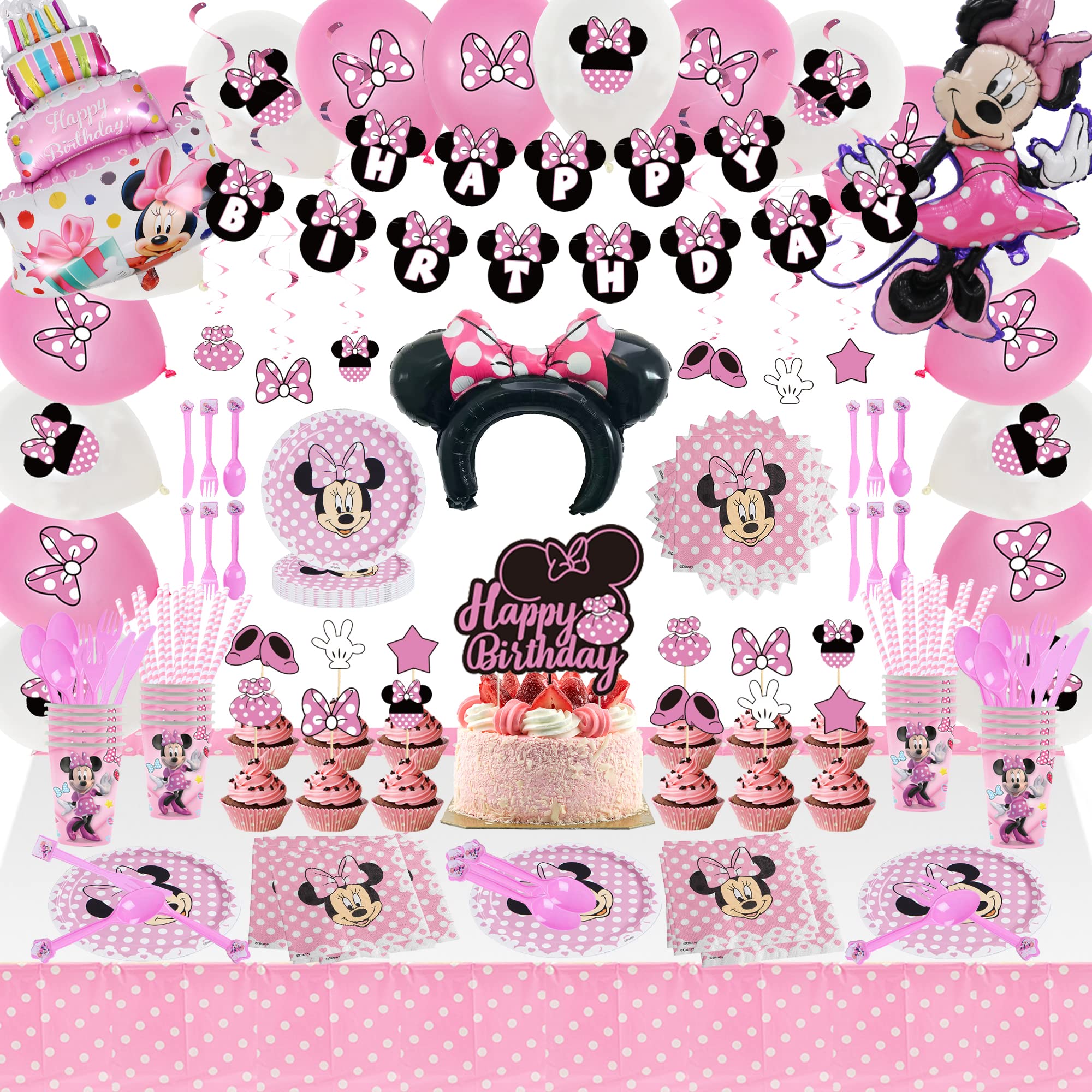 206 Pcs Birthday Party Supplies Serves 20 Guests, Party Decorations with Mouse Banner, Cake Topper, Spoons, Fork, Knife, Napkins, Tablewear,Tablecover and Hanging Swirls