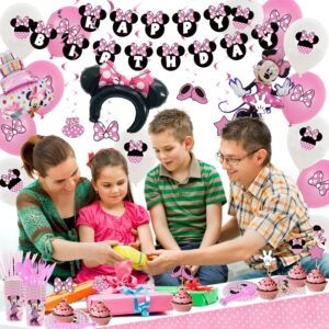 206 Pcs Birthday Party Supplies Serves 20 Guests, Party Decorations with Mouse Banner, Cake Topper, Spoons, Fork, Knife, Napkins, Tablewear,Tablecover and Hanging Swirls