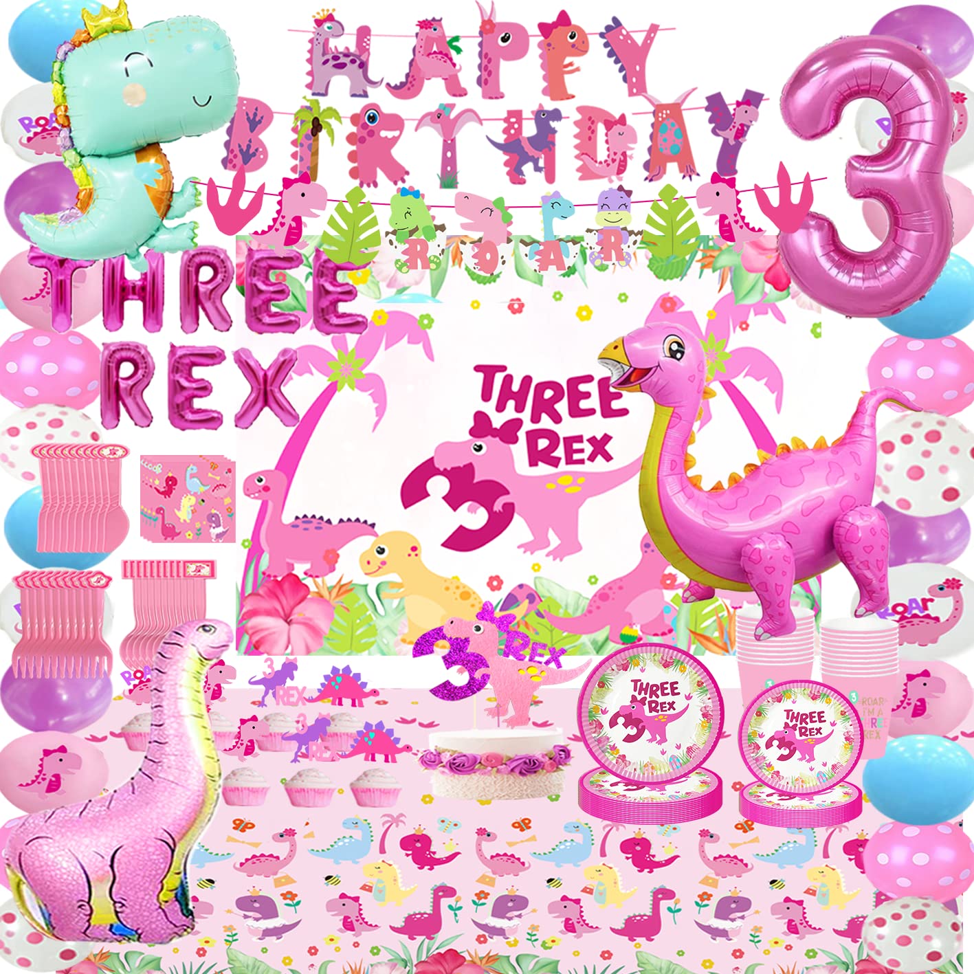 Pink Three Dino Rex Birthday Party Decorations Dinosaur 3rd Birthday Décorations Three inspired Rex Birthday Party Supplies include balloon backdrop knive fork spoon plate napkin cup tablecloth