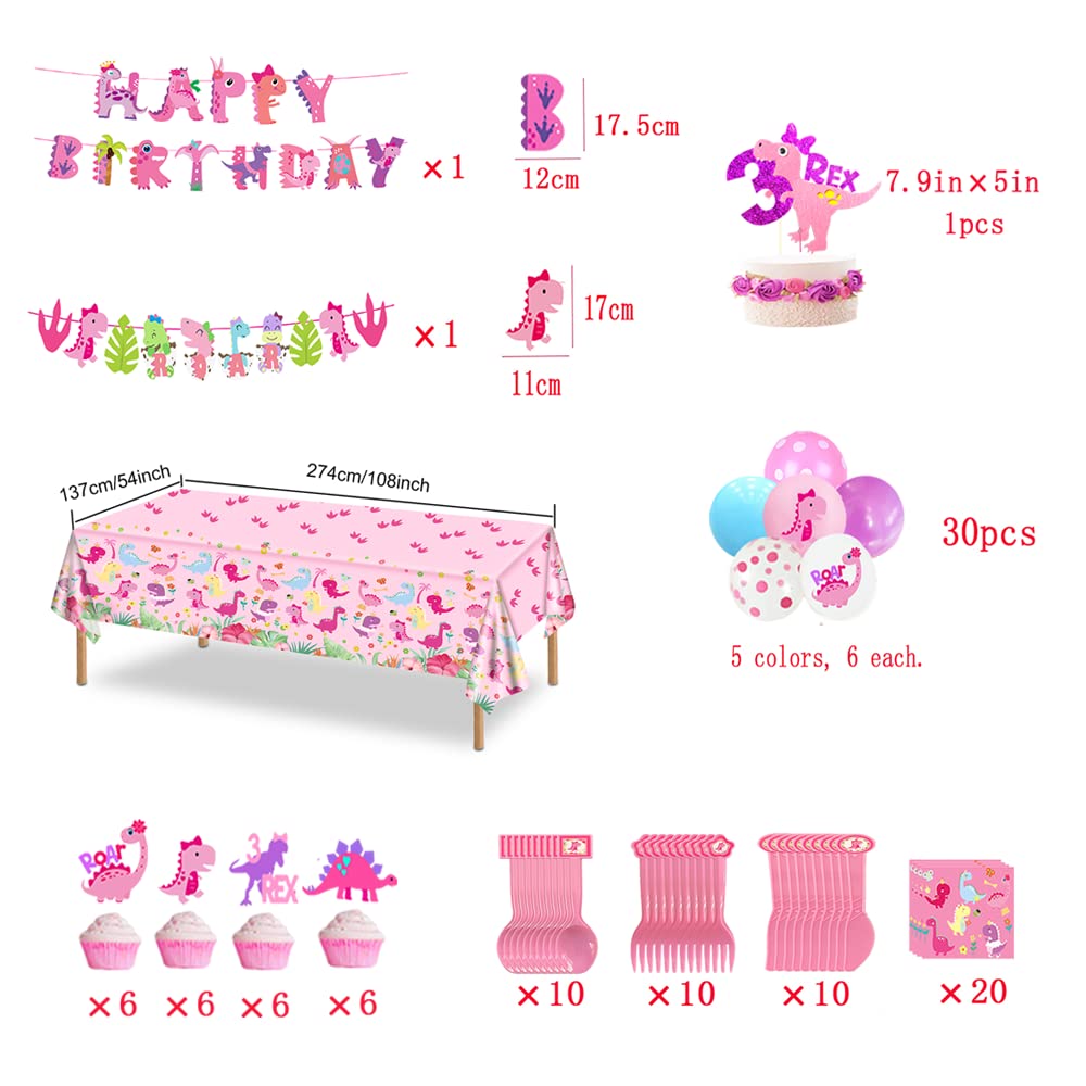 Pink Three Dino Rex Birthday Party Decorations Dinosaur 3rd Birthday Décorations Three inspired Rex Birthday Party Supplies include balloon backdrop knive fork spoon plate napkin cup tablecloth