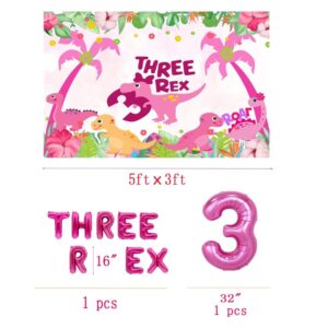 Pink Three Dino Rex Birthday Party Decorations Dinosaur 3rd Birthday Décorations Three inspired Rex Birthday Party Supplies include balloon backdrop knive fork spoon plate napkin cup tablecloth