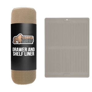 gorilla grip drawer liner and silicone dish drying mat, non adhesive drawer liner is in beige color, size 12x20, slip resistant drying mat is in almond color, size 16x12, 2 item bundle