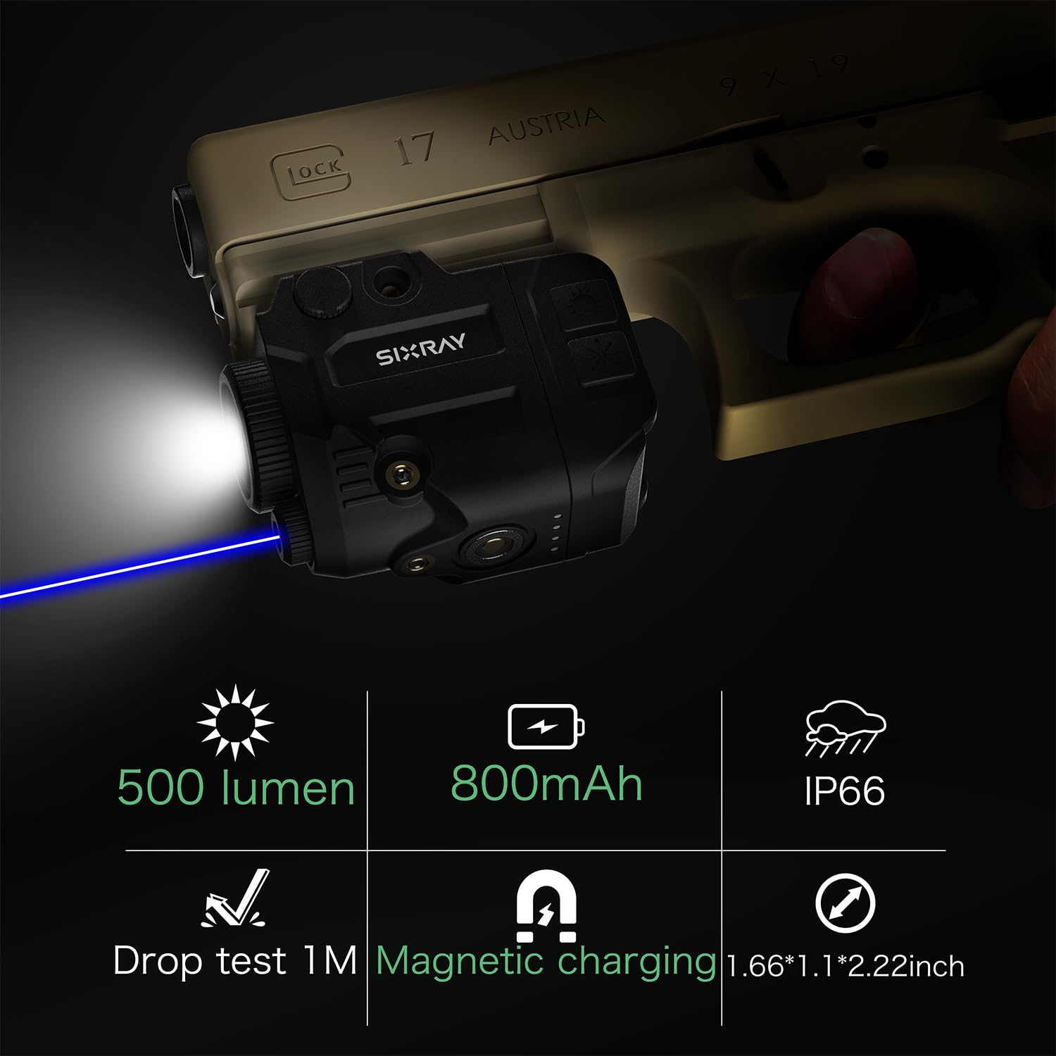 SIXRAY 500 Lumens LED Pistol Light with Blue Beam Laser Combo, Magnetic Charging Tactical Flashlight for Picatinny and Glock Rail, Handgun Weapon Light with Strobe Mode