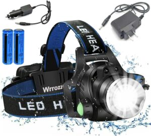 wrrozz led headlamp rechargeable flashlight, super bright tactical head lamp for adults, waterproof headlight, car & wall charger, for outdoor running hunting reading hiking camping night fishing