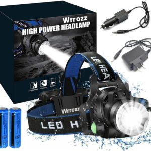 Wrrozz LED Headlamp Rechargeable Flashlight, Super Bright Tactical Head Lamp for Adults, Waterproof Headlight, Car & Wall Charger, for Outdoor Running Hunting Reading Hiking Camping Night Fishing