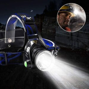Wrrozz LED Headlamp Rechargeable Flashlight, Super Bright Tactical Head Lamp for Adults, Waterproof Headlight, Car & Wall Charger, for Outdoor Running Hunting Reading Hiking Camping Night Fishing