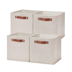temary 11x11 storage cubes fabric storage cubes storage bins with dual leather handles canvas storage boxes for organizing home, office, nursery, shelf, closet (beige, 11 x 11 x 11)