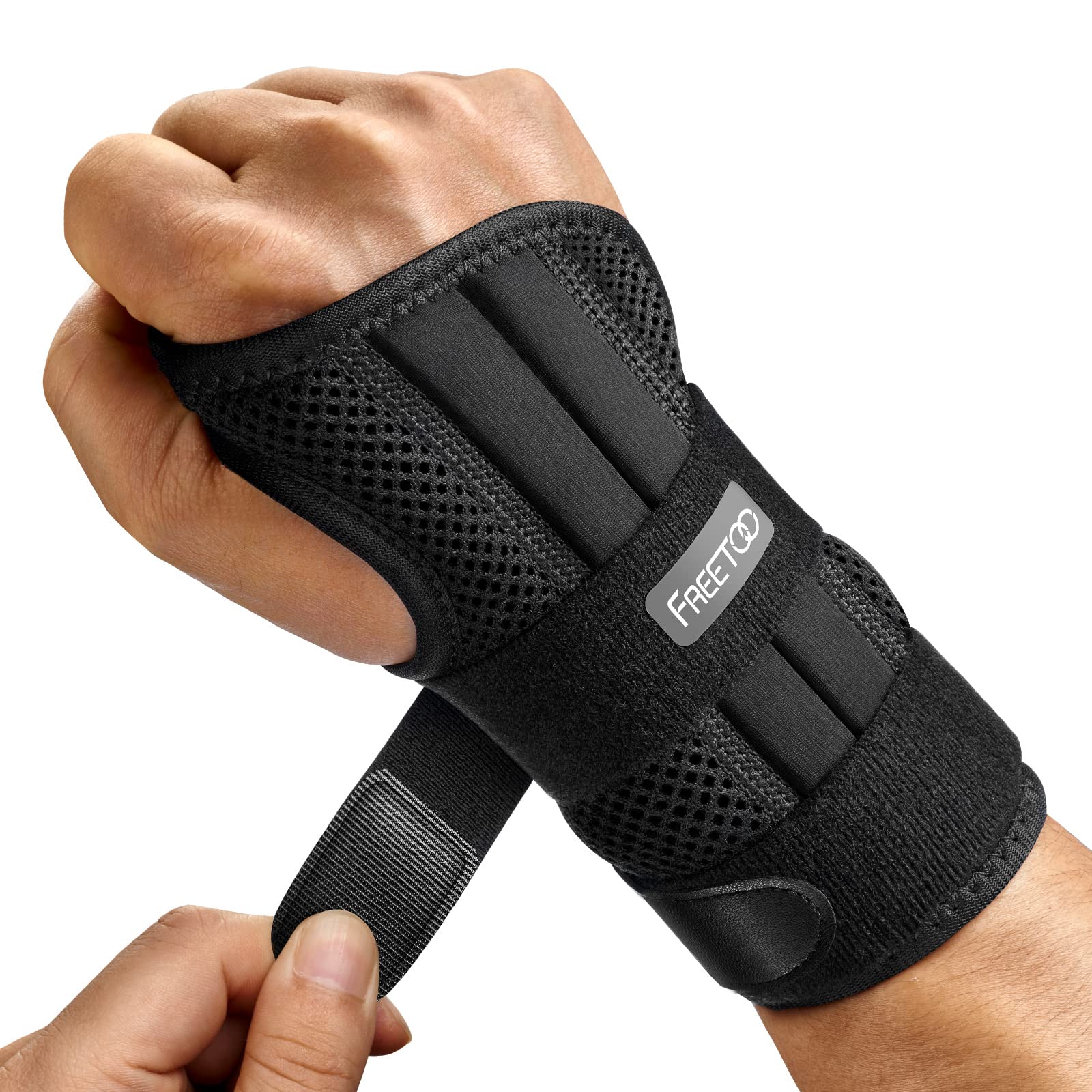 FREETOO Wrist Brace for Carpal Tunnel Relief Night Support , Maximum Support with 3 Stays Women Men Adjustable Splint Right Left Hands Tendonitis, Arthritis Sprains, Black (Right Hand, S/M)