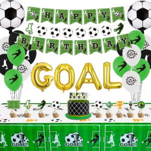 soccer party supplies - 3 set soccer themed happy birthday banners, 1 table cloth, 10 cake toppers and 15 soccer theme balloons decorations for kids and soccer fans birthday party