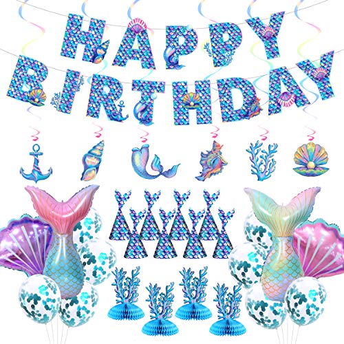 Mermaid Party Decorations, Mermaid Birthday Decorations with Happy Birthday Banner/Balloons Photo Prop/Hanging Swirl Decors (Blue, Decorations)