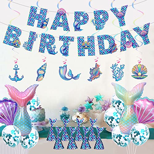 Mermaid Party Decorations, Mermaid Birthday Decorations with Happy Birthday Banner/Balloons Photo Prop/Hanging Swirl Decors (Blue, Decorations)