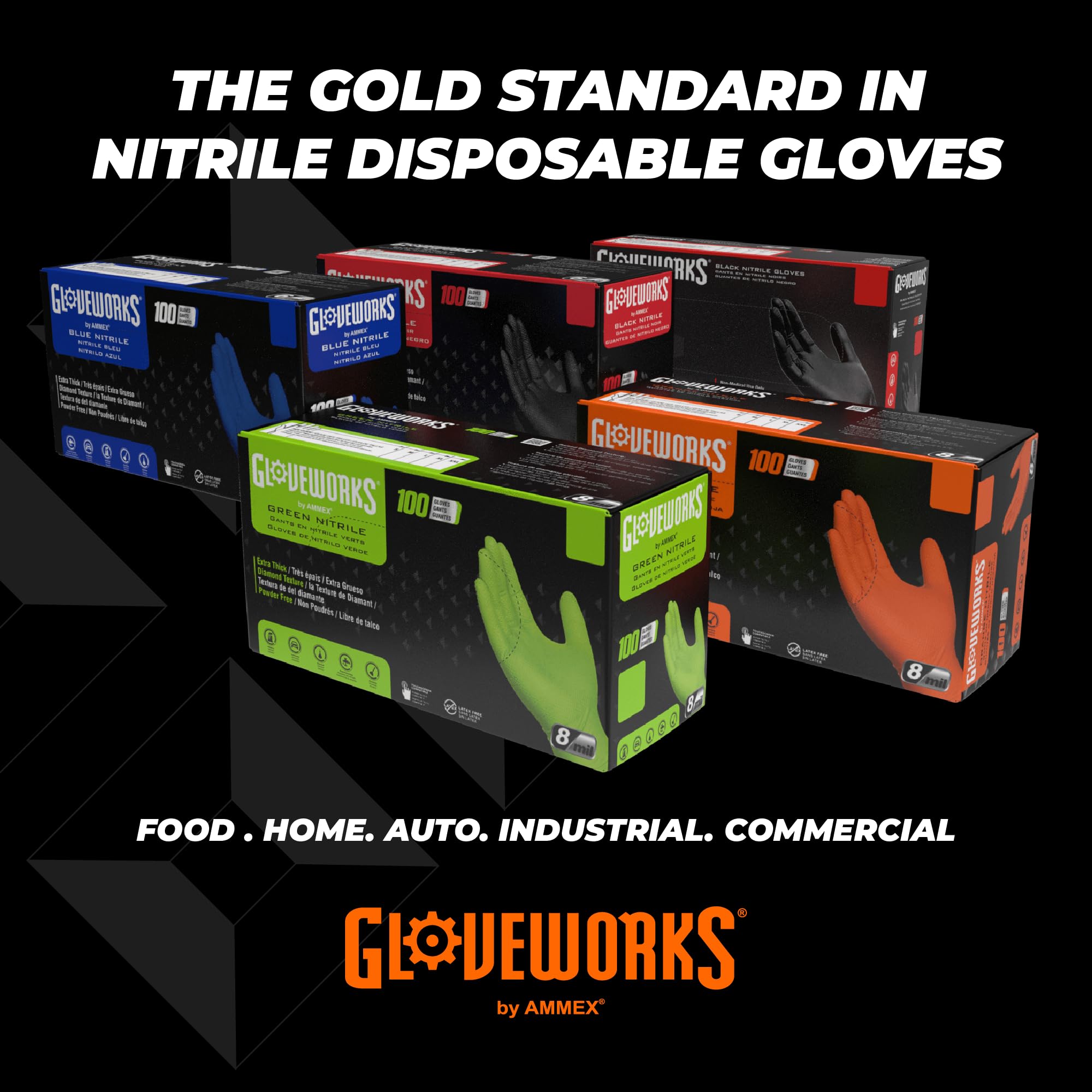 GLOVEWORKS HD Orange Nitrile Industrial Disposable Gloves, 8 Mil, Latex-Free, Raised Diamond Texture, X-Large, 2 Boxes of 100