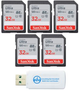 sandisk sd ultra 32gb memory card (5 pack) works with bushnell stealth p, core, stealth x series trail camera (sdsdun4-032g-gn6in) bundle with (1) everything but stromboli microsdhc & sd card reader