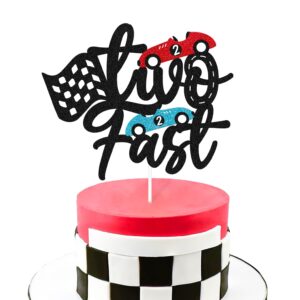 Two Fast Cake Topper Racing Car Chequered Flag Themed Happy Birthday Party Supply for Boys Girls Kids 2nd Second Two Bday Cake Decoration