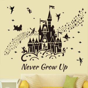 Supzone Castle Wall Stickers Fairy Tale Castle Wall Decal Never Grow Up Quotes Stars Wall Decor DIY Mural Art for Baby Nursery Room Kids Bedroom Playroom-Black