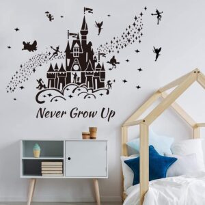 Supzone Castle Wall Stickers Fairy Tale Castle Wall Decal Never Grow Up Quotes Stars Wall Decor DIY Mural Art for Baby Nursery Room Kids Bedroom Playroom-Black