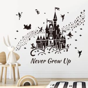 Supzone Castle Wall Stickers Fairy Tale Castle Wall Decal Never Grow Up Quotes Stars Wall Decor DIY Mural Art for Baby Nursery Room Kids Bedroom Playroom-Black