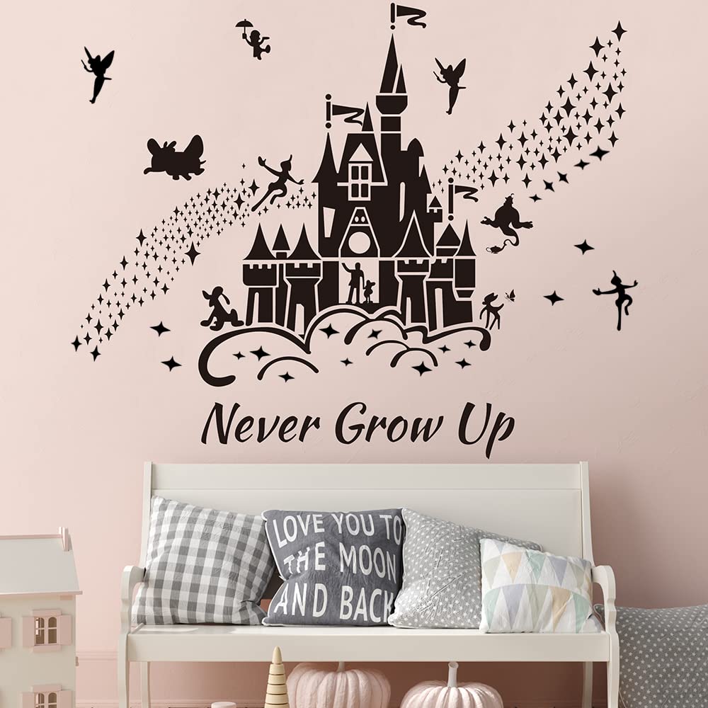 Supzone Castle Wall Stickers Fairy Tale Castle Wall Decal Never Grow Up Quotes Stars Wall Decor DIY Mural Art for Baby Nursery Room Kids Bedroom Playroom-Black