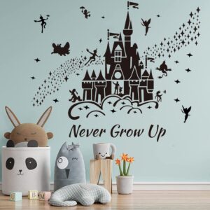 Supzone Castle Wall Stickers Fairy Tale Castle Wall Decal Never Grow Up Quotes Stars Wall Decor DIY Mural Art for Baby Nursery Room Kids Bedroom Playroom-Black