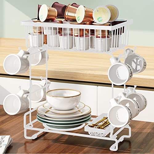 Ronanemon Mug Holder Stand, Countertop Mug Tree,Capsule Storage, Coffee Mug Rack for Coffee Bar Decor Accessory & Kitchen Organizer(White)