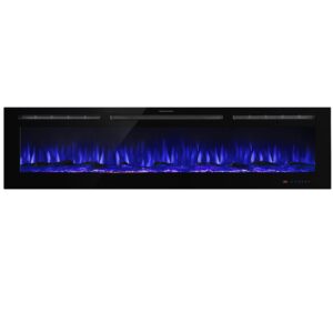 dreamflame 84 inch recessed electric fireplace,low noise in wall fireplace inserts with heater,realistic adjustable flame with logs & crystals,thermostat, 750/1500w,home decor,black