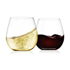 nutrichef 15oz stemless wine glasses - set of 2 ultra thin elegant red & white wine clear crystal glass drinkware, lead-free, hand blown seamless bowl, dishwasher safe,