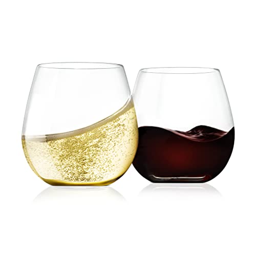 NutriChef 15oz Stemless Wine Glasses - Set of 2 Ultra Thin Elegant Red & White Wine Clear Crystal Glass Drinkware, Lead-Free, Hand Blown Seamless Bowl, Dishwasher Safe,