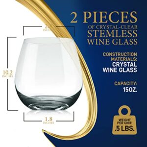 NutriChef 15oz Stemless Wine Glasses - Set of 2 Ultra Thin Elegant Red & White Wine Clear Crystal Glass Drinkware, Lead-Free, Hand Blown Seamless Bowl, Dishwasher Safe,