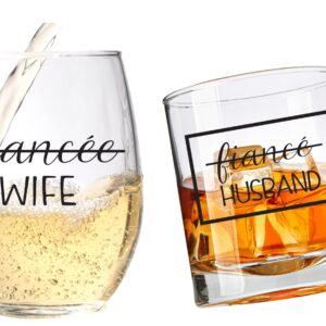 COOL AF Wedding Gift Glass Set For Bride and Groom - Mr and Mrs Whiskey and Wine Glass Gift Set - Engagement Gift for Couples and Newlyweds - Husband and Wife