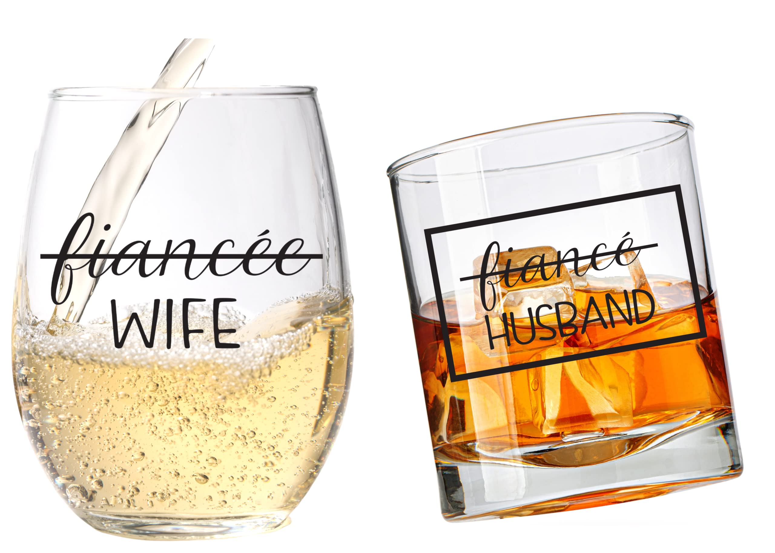 COOL AF Wedding Gift Glass Set For Bride and Groom - Mr and Mrs Whiskey and Wine Glass Gift Set - Engagement Gift for Couples and Newlyweds - Husband and Wife