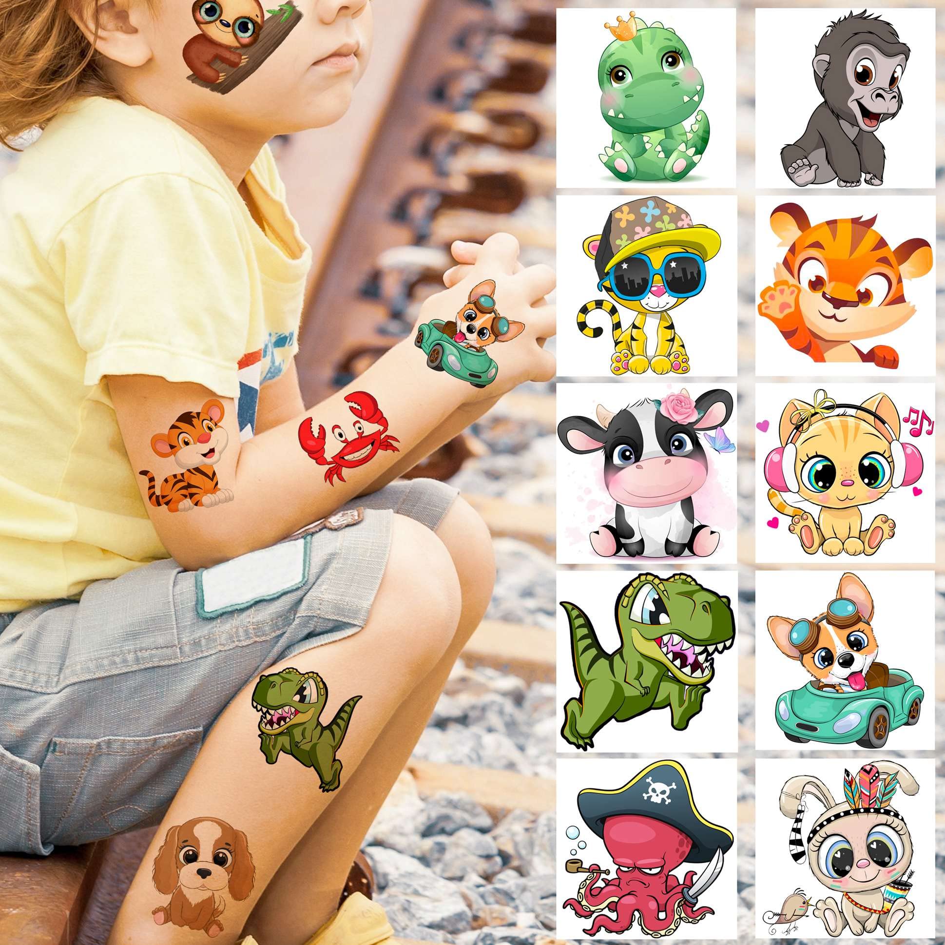 Yezunir 50 PCS 3D Cute Animals Temporary Tattoos For Kids Girls Boys, Cartoon Animals Lion Dog Cat ZOO Fake Tattoo Sticker Children Toddler Birthday Gifts, Teens Tatoos Party Favors Sets Supplies