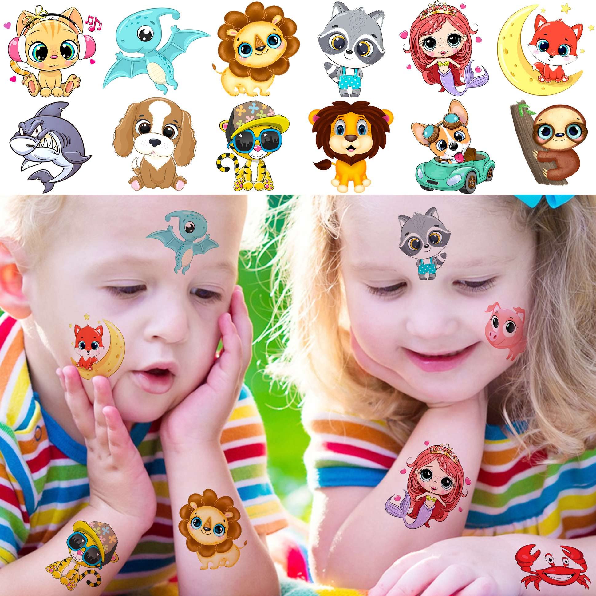 Yezunir 50 PCS 3D Cute Animals Temporary Tattoos For Kids Girls Boys, Cartoon Animals Lion Dog Cat ZOO Fake Tattoo Sticker Children Toddler Birthday Gifts, Teens Tatoos Party Favors Sets Supplies