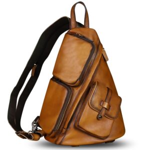 ivtg genuine leather sling bag crossbody casual hiking daypack vintage handmade chest bag shoulder backpack motorcycle pack rucksack (brown)