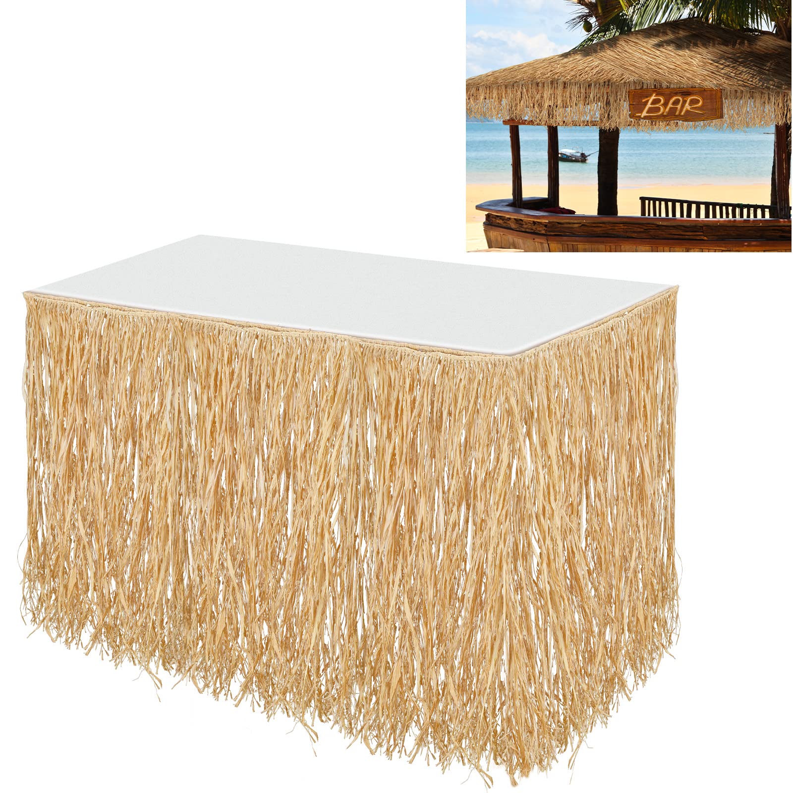 1 Pack Natural Raffia Table Skirt Luau Hawaiian Skirt Table Grass Beach Fringe Decoration for Tropical Birthday Party Tiki Bar, Chair Skirt, Deck Skirt, Luau Tropical Hawaiian Party (108 x 30 Inch)