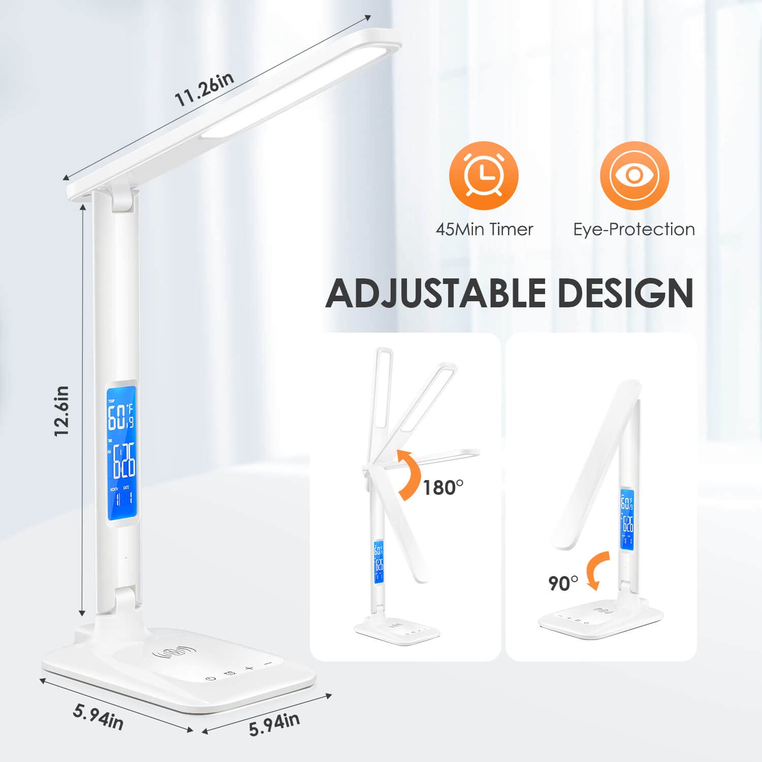 Mubarek LED Desk Lamp, Adjustable Bright Table Lamp with Clock, Desk Lamps for Home Office with USB Charging Port, Dimmable LED Desk Lamp, Touch Control Desk Light with Alarm, Date, Temperature(White)