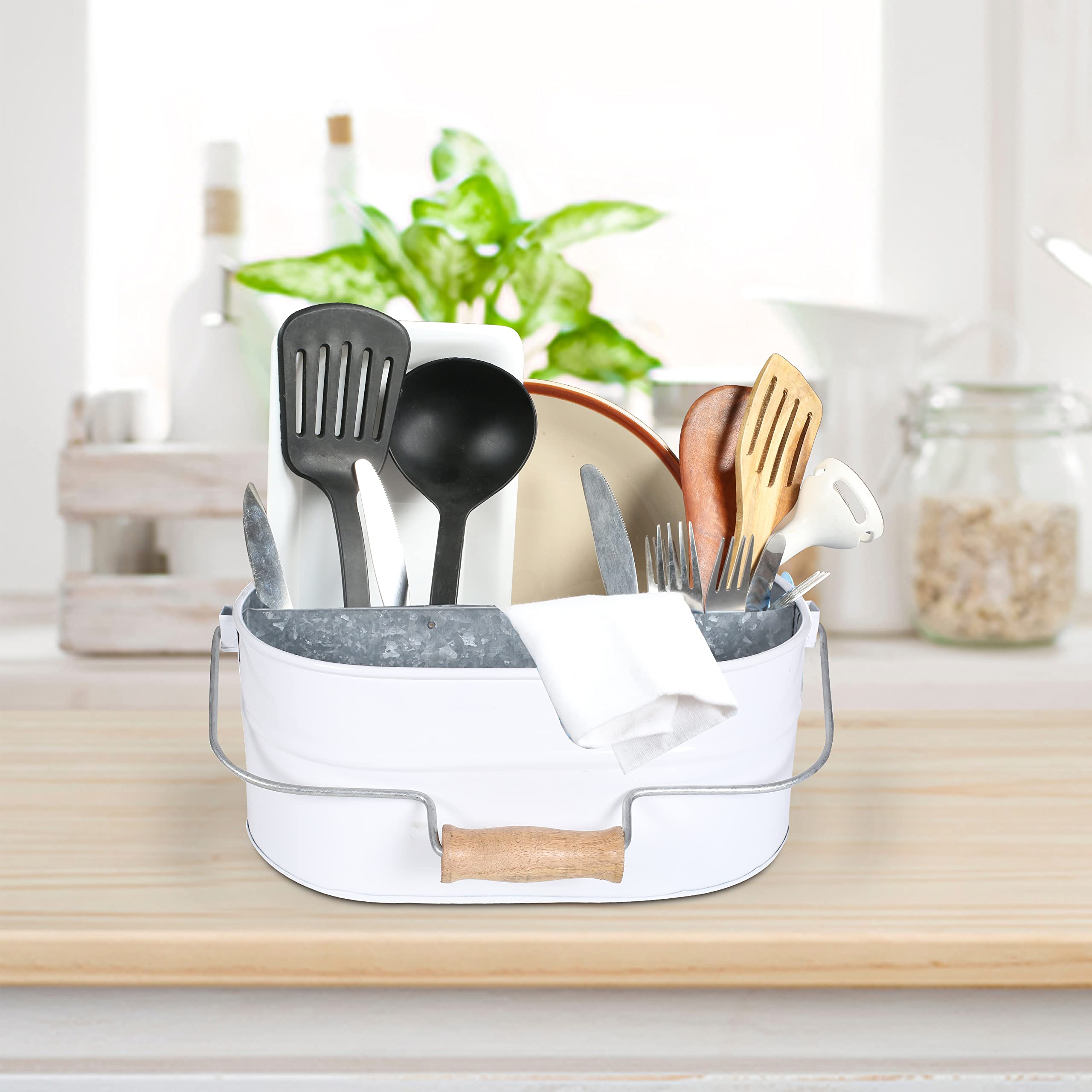 Goroly Home Galvanized Utensil Caddy with Wooden Handle for Kitchen Counter, Silverware Organizer for Flatware, Condiments, Party Supplies - White