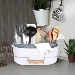 Goroly Home Galvanized Utensil Caddy with Wooden Handle for Kitchen Counter, Silverware Organizer for Flatware, Condiments, Party Supplies - White