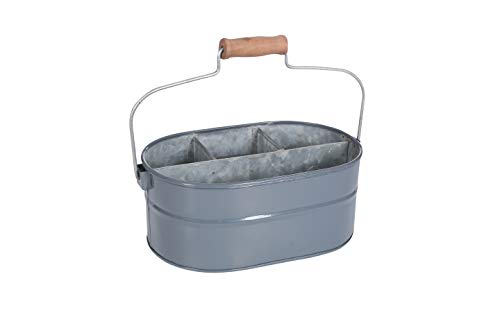 Farmhouse Utensil Caddy with 4 Compartments and Wooden Handle for Flatware, Condiments, Party Cutlery - Galvanized Metal Caddy for Indoor/Outdoor Use - Charcoal