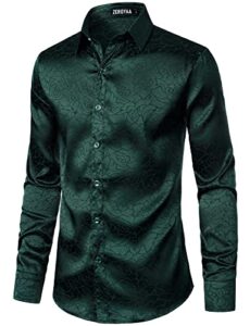 zeroyaa men's hipster satin silk like full rose floral jacquard button up dress shirts for party prom zlcl38-blackish green large