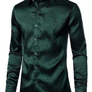 ZEROYAA Men's Hipster Satin Silk Like Full Rose Floral Jacquard Button Up Dress Shirts for Party Prom ZLCL38-Blackish Green Large