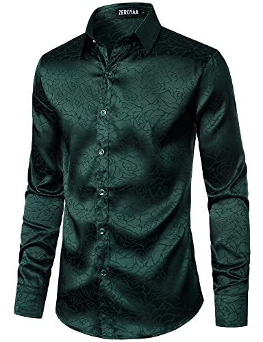 ZEROYAA Men's Hipster Satin Silk Like Full Rose Floral Jacquard Button Up Dress Shirts for Party Prom ZLCL38-Blackish Green Large