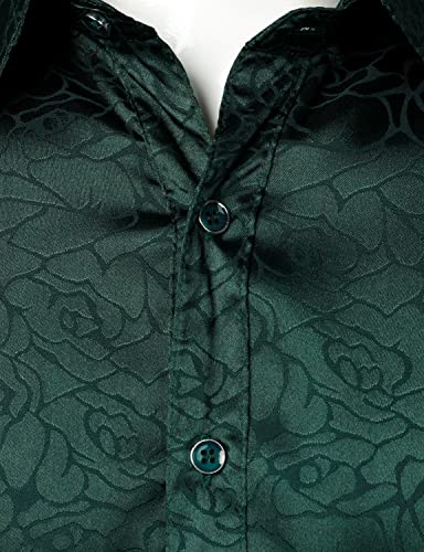 ZEROYAA Men's Hipster Satin Silk Like Full Rose Floral Jacquard Button Up Dress Shirts for Party Prom ZLCL38-Blackish Green Large