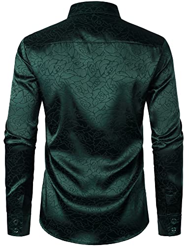 ZEROYAA Men's Hipster Satin Silk Like Full Rose Floral Jacquard Button Up Dress Shirts for Party Prom ZLCL38-Blackish Green Large