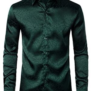 ZEROYAA Men's Hipster Satin Silk Like Full Rose Floral Jacquard Button Up Dress Shirts for Party Prom ZLCL38-Blackish Green Large