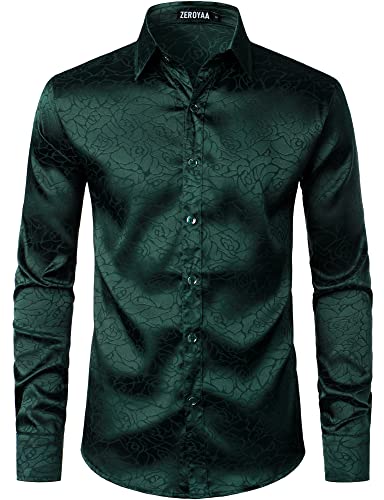 ZEROYAA Men's Hipster Satin Silk Like Full Rose Floral Jacquard Button Up Dress Shirts for Party Prom ZLCL38-Blackish Green Large