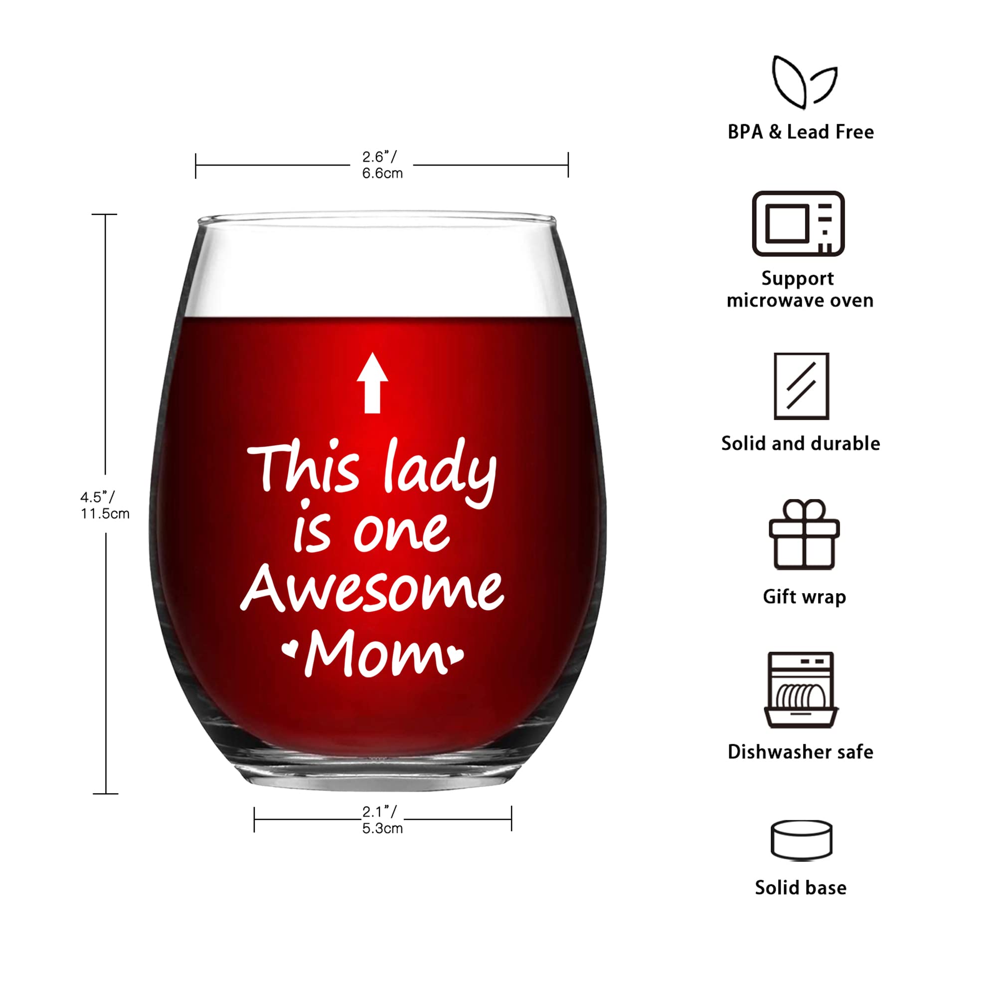 SHENDONG This Lady Is One Awesome Mom Wine Glass Birthday Mothers Day Gifts for Mom Mother from Daughter Kids Son Mom Gifts 15 Ounce Thicken with Gift Box White